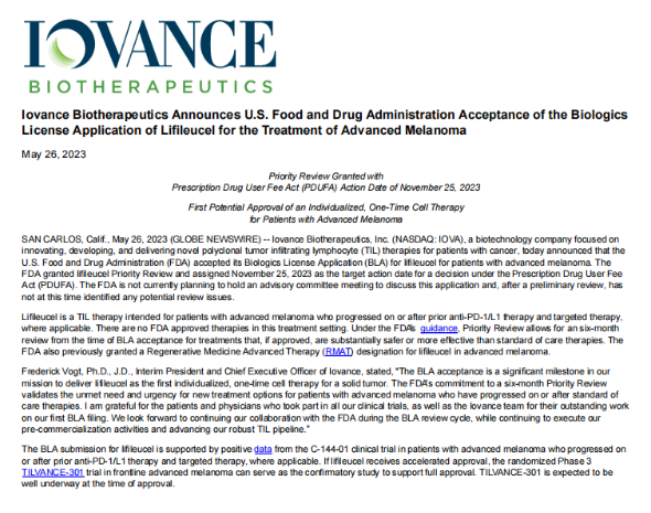Iovance Biotheraptics宣布美国FDA接受其用于治疗晚期黑色素瘤Lifileucel的BLA申请